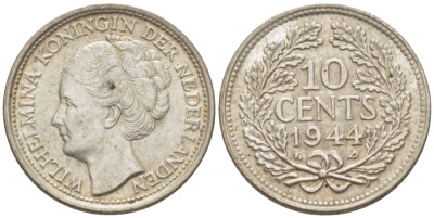 Нидерланды 10 центов 1944 Вильгельмина (1890-1948) KM 163 серебро aUNC 66-1252