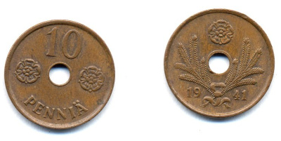 ФИНЛЯНДИЯ 10 ПЕННИ 1941 KM 33.1 медь 51-4922