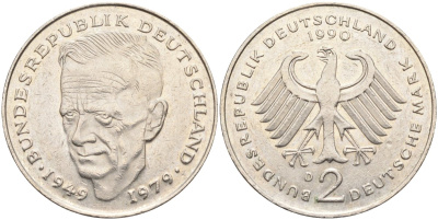 ФРГ 2 марки 1990 D, Курт Шумахер, 30 лет Федеративной Республике (1949-1979) KM 149, J. 424 медно-никель 4139-134