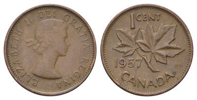 Канада 1 цент 1957 Елизавета II (1952-2022), кленовый лист KM 49 бронза 4689-322