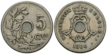 Бельгия 5 сантимов 1904 Belgie KM 55 медно-никель 4173-122