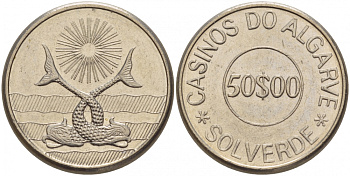 ПОРТУГАЛИЯ ЖЕТОН ИГРОВОЙ ND CASINOS DO ALGARDE, SOLKVERDE, 50 ЭСКУДО белый металл 4183-634