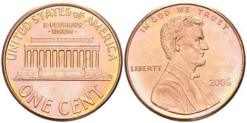 США 1 ЦЕНТ 2006 ЛИНКОЛЬН KM 201b цинк плакированный медью 188-354