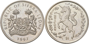 Сьерра-Леоне 1 доллар 1997 Единорог KM 48 медно-никель BU 4368-922