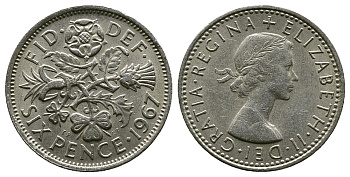 Великобритания 6 пенсов 1967 Елизавета II (1952-2022) KM 903, Spink 4149 медно-никель 4381-868