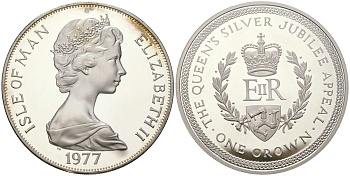 Остров Мэн 1 крона 1977 25 лет правления Королевы Елизаветы II, монограмма ERII KM 42a серебро PROOF 1530-1245