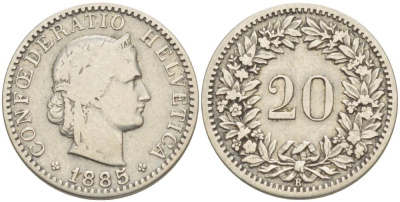 ШВЕЙЦАРИЯ 20 РАППЕНОВ 1885 В KM 29 никель 4514-531