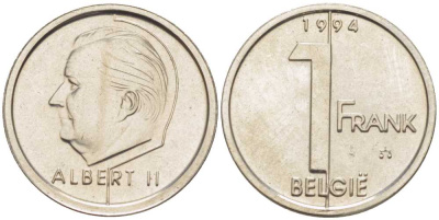 БЕЛЬГИЯ 1 ФРАНК 1994 BELGIE, АЛЬБЕРТ II (1993-) KM 188 железо плакированное никелем 3851-1152