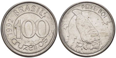 БРАЗИЛИЯ 100 КРУЗЕЙРО 1992 РЕФОРМА 1990-1993, ЛАМАНТИН KM 623 нержавеющая сталь 4387-259