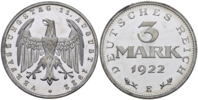 Германия 3 марки 1922 E, третья годовщина Веймарской конституции KM 29, J. 303 алюминий PROOF 00-814-32