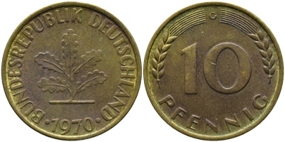 ФРГ 10 ПФЕННИГОВ 1970 G KM 108, J. 383 сталь плакированная латунью 98-435