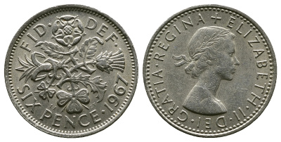 Великобритания 6 пенсов 1967 Елизавета II (1952-2022) KM 903, Spink 4149 медно-никель 4381-868