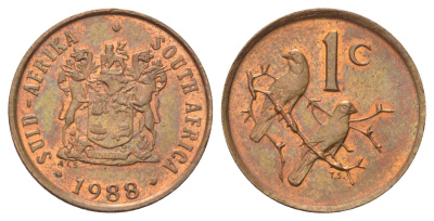ЮАР 1 цент 1988 герб, капские воробьи KM 82 бронза UNC 4696-935