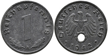 ГЕРМАНИЯ 1 РЕЙХСПФЕННИГ 1942 A KM 97, J.369 цинк 96-734