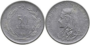 Турция 50 курушей 1972 Анатолийская невеста KM 899 нержавеющая сталь 4541-741