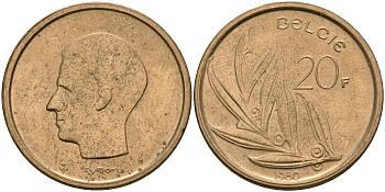 Бельгия 20 франков 1980 Belgie KM 160 никель бронза 4120-1124