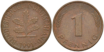 ФРГ 1 пфенниг 1991 D KM 105, J. 380 сталь плакированная медью    4598-664