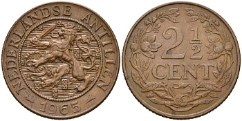 Нидерландские Антилы 2 1/2 цента 1965 Юлиана (1948-1980) KM 5 бронза 92-1157