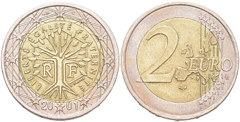 Франция 2 евро 2001 KM 1289 биметалл 4126-956