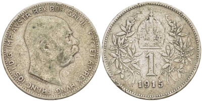 АВСТРИЯ 1 КОРОНА 1915 ФРАНЦ ИОСИФ (1848-1916) KM 2820 серебро 84-845