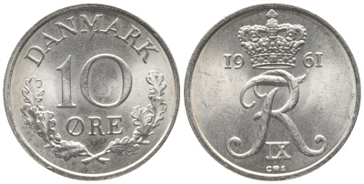 ДАНИЯ 10 ЭРЕ 1961 C; S, ФРЕДЕРИК IX (1947-1972) KM 849.1 медно-никель аUNC 100-1141
