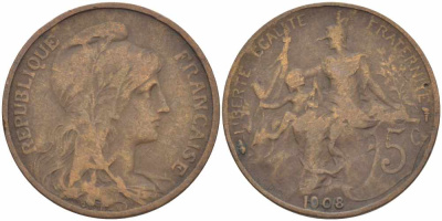 ФРАНЦИЯ 5 САНТИМОВ 1908 ТИП ДАНИЭЛЬ ДЮПЮИ KM 842, LE FRANC 119.19 бронза 108-914