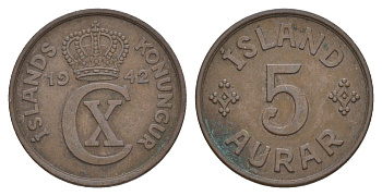 Исландия 5 эйре 1942 KM 9 бронза 4635-123