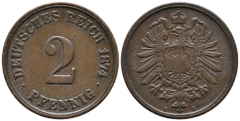 ГЕРМАНИЯ 2 ПФЕННИГА 1874 С, СТАРОГЕРБОВКА KM 2, J.2 медь 34-913