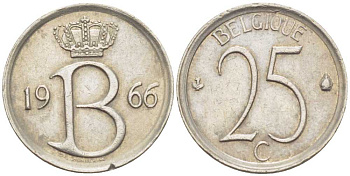 БЕЛЬГИЯ 25 САНТИМОВ 1966 BELGIQUE, БОДУЭН I (1951-1993) KM 153.1 медно-никель 214-428