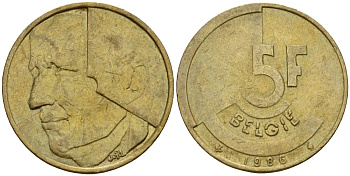 Бельгия 5 франков 1986 Belgie, Бодуэн I (1951-1993) KM 164 алюминиевая бронза 4601-252