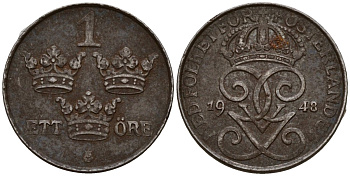 Дания 1 эре 1948 N; S, Фредерик IX (1947-1972) KM 839.1 цинк 4189-735