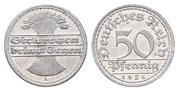 Германия 50 пфеннигов 1921 A KM 27, J. 301 алюминий UNC 3856-726