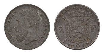 Бельгия игровой жетон в 2 франка 1888 диаметр 12,75 мм, вес 0,57 гр цинк железо 4651-1213