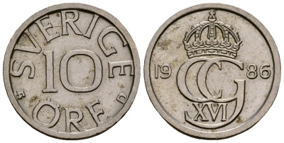 Швеция 10 эре 1986 Карл XVI Густав (1973- ) KM 850 медно-никель 4173-746