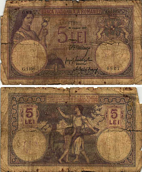 Румыния 5 леев 1917 сбор фруктов, 21 августа 1917 Pick 19 а бумага 7191-22-1-1