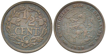 НИДЕРЛАНДЫ 1/2 ЦЕНТА 1938 ВИЛЬГЕЛЬМИНА (1890-1948) KM 138 бронза 211-711