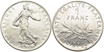ФРАНЦИЯ 1 ФРАНК 1976 СЕЯТЕЛЬ KM 925.1, LE FRANC 226.21 никель 175-541
