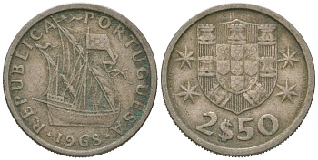Португалия 2,5 эскудо 1968 KM 590 медно-никель 4621-429