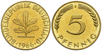 ФРГ 5 пфеннигов 1966 J KM 107, J. 382 сталь плакированная латунью PROOF 1094-7-14