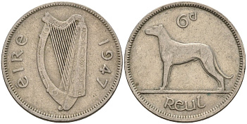 Ирландия 6 пенсов 1947 ирландский волкодав KM 13a медно-никель 4146-436