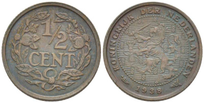 НИДЕРЛАНДЫ 1/2 ЦЕНТА 1938 ВИЛЬГЕЛЬМИНА (1890-1948) KM 138 бронза 211-711
