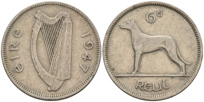 Ирландия 6 пенсов 1947 ирландский волкодав KM 13a медно-никель 4146-436