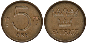 Швеция 5 эре 1973 U, Густав VI Адольф (1950-1973) KM 845 бронза VF 4181-357