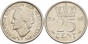 НИДЕРЛАНДЫ 25 ЦЕНТОВ 1948 ВИЛЬГЕЛЬМИНА KM 178 никель 3309-633