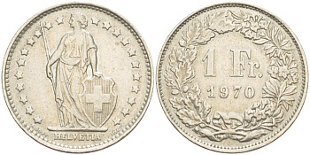 Швейцария 1 франк 1970 KM 24a.1 медно-никель 4544-423