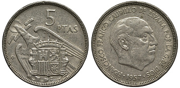 Испания 5 песет 1957 (59) Франко диктатор Испании (1939- 1975) KM 786 медно-никель 186-917