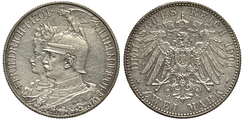 Пруссия 2 марки 1901 A, 200 лет Прусской королевской династии (Фридрих I - Вильгельм II) J.105, Weege 105, KM 525 серебро 02-014-44