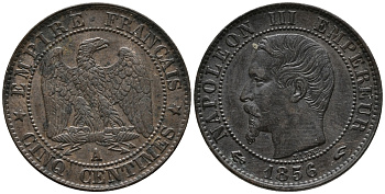 ФРАНЦИЯ 5 САНТИМОВ 1856 А, НАПОЛЕОН III (1852-1870) KM 777.1, LE FRANC 116.30 бронза 34-1157