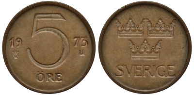 Швеция 5 эре 1973 U, Густав VI Адольф (1950-1973) KM 845 бронза VF 4181-357