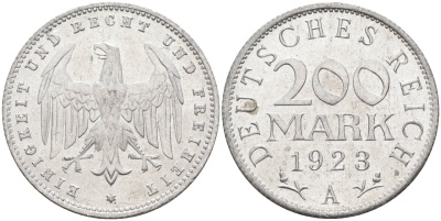 Германия 200 марок 1923 A KM 35, J. 304, Weege 22 алюминий UNC 4586-226